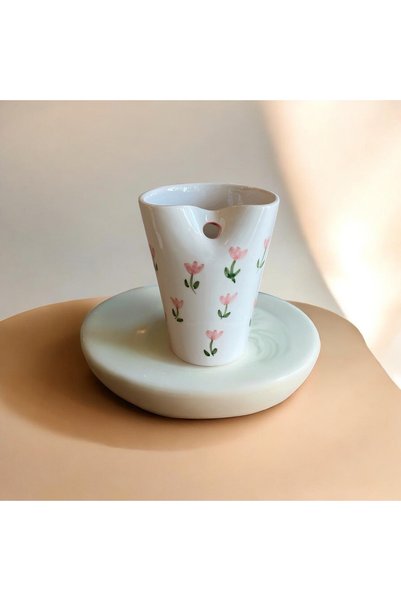 terraco ceramic Pink Tulip Ceramic Mug, Cold Drink Mug That Can Be Used with a Straw