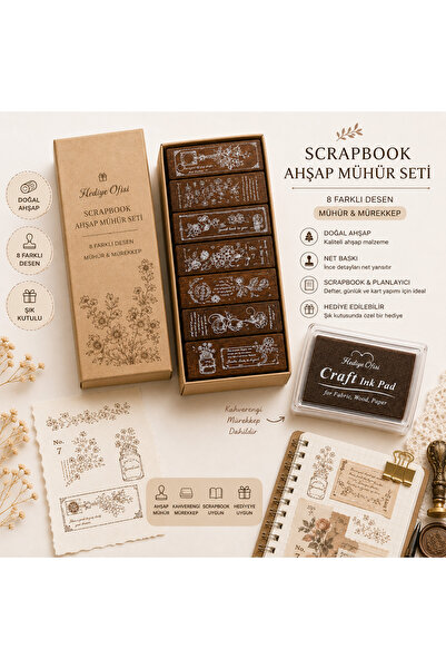 hediyeofisi Vintage Flora Ahşap Scrapbook Mühür Seti 8 Adet + Istanpa ve Müre...