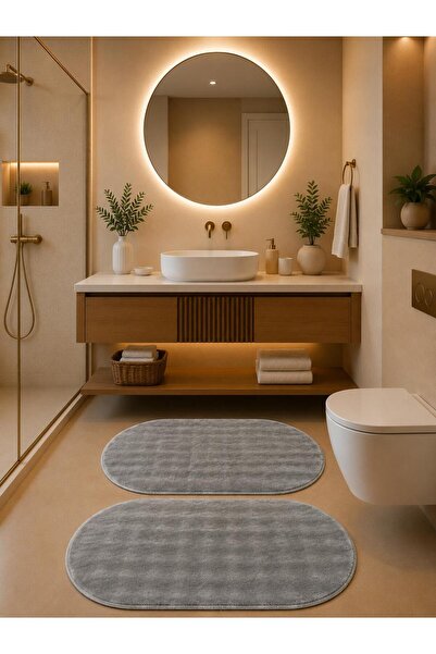 Lionhome Bubble kabartmalı Renk Gri Yumuşak Peluş Banyo Halısı 2'li Set Kayma...