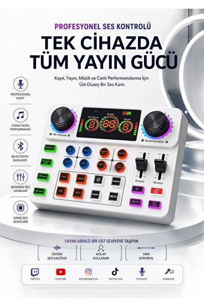 Asfal Profesyonel Canlı Yayın Ses Kartı Bluetooth Podcast Mikrofon Mixer Kara...