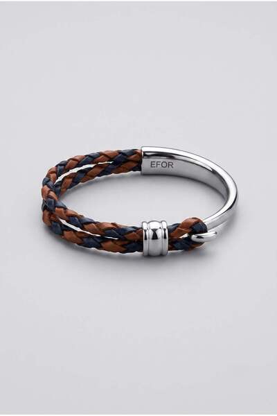 Efor Metal and Mesh Pattern Leather Design Navy Blue-Brown Bracelet 098