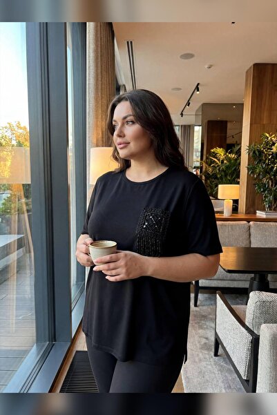 Hermevsim Tricou negru cu broderie și paiete Melek Süzene pentru femei Wearon