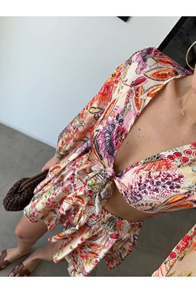 HARMONY GLOBAL Kadın Etnik Çiçek Desenli Geniş Kollu Gömlek Yaka Bağlamalı Kimono Crop ve Şort Takım 8049