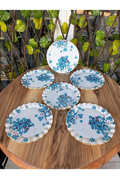 GÜRCÜGLASS Blue Flower 6 Pcs 17 cm Dessert Plate.