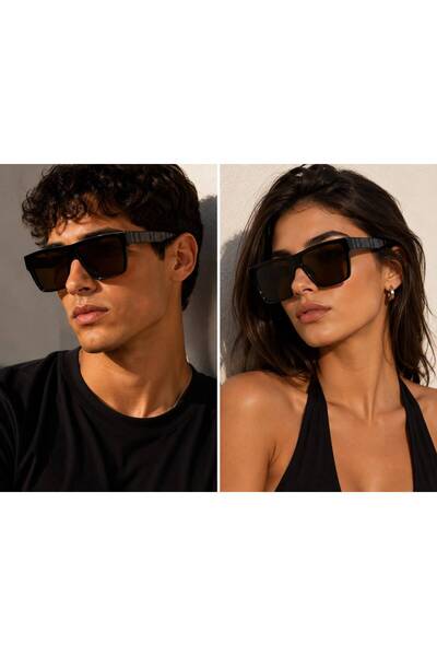 FASHION Ochelari de Soare Unisex Oversized Negri cu Lentile Maro și Brațe Tex...