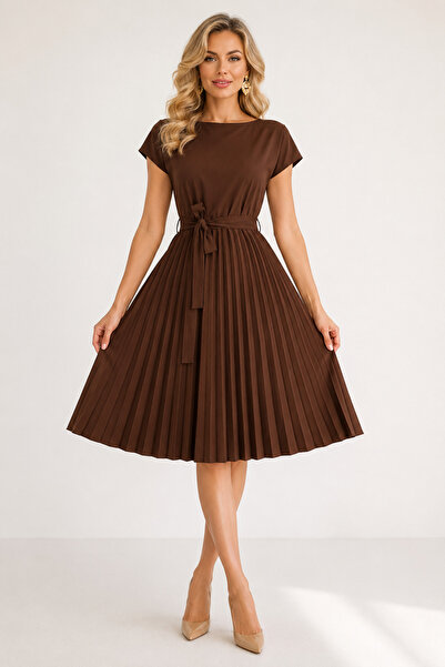 rengamoda Crepe Fabric Dress with Pleated Skirt and Belted Waistband (Color)