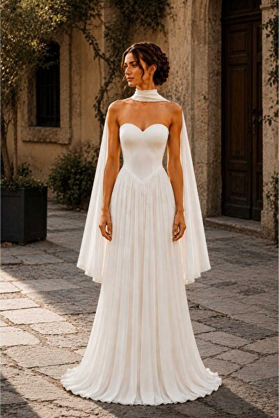 Elorya Bloom Valeria Straplez Şal Detaylı Kloş Şifon Nikah, Söz, Nişan ve Dış...