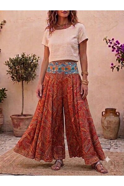 AYASOFYA OTANTIK Fusta pantalon din mătase cu model etnic, cu talie elastică,...