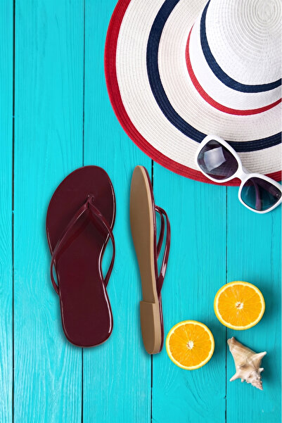 Dark Heel Women's Burgundy Patent Leather Jelly Flip Flops Stylish Comfortabl...