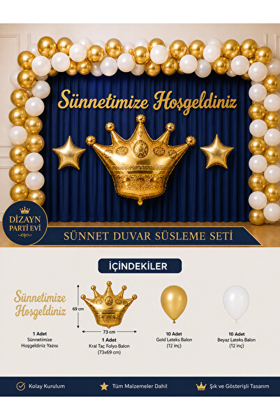 Dizayn Parti Evi Sünnetimize Hoş Geldiniz Duvar Süsleme Seti Gümüş / Gold Taç...