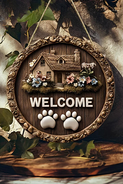 SHELİFE 🐾   Welcome – Paw Print and Garden Themed Uv Printed 3D Looking Mdf ...