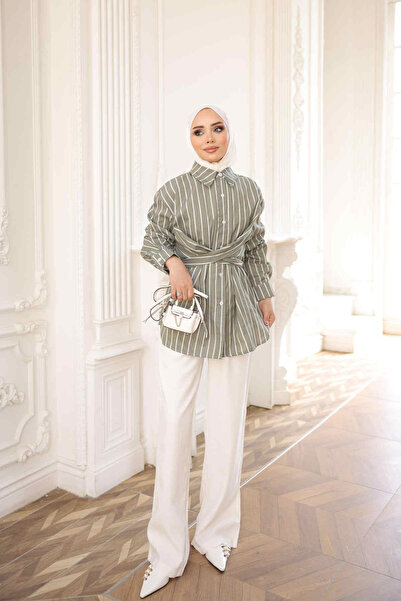 İmajButik Haki Çizgili Çapraz Bağlamalı Gömlek