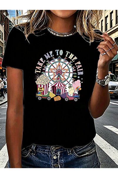 LİNA06 تي شيرت نسائي مطبوع عليه Take Me to the Fair Carnival - قميص بأكمام قص...
