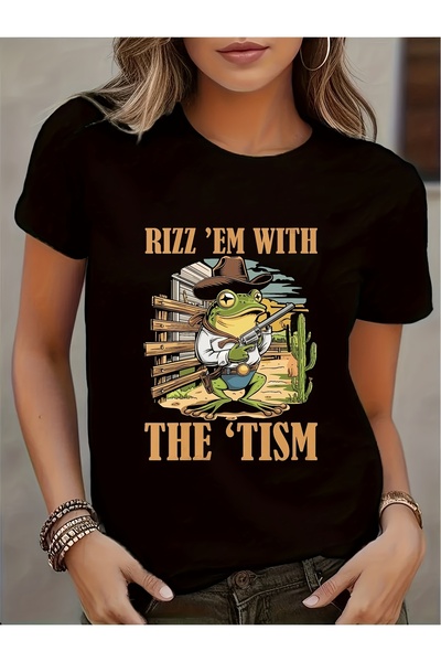 STITCHLY A Stylish Crew Neck T-Shirt Women Featuring Frog Cowboy Hat, Brandis...
