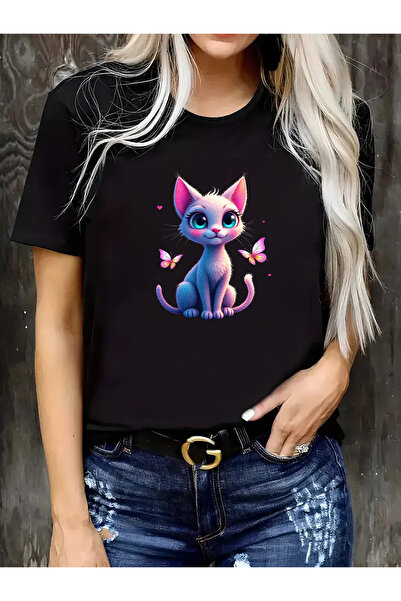 STITCHLY تي شيرت وو كيوت - قميص أبيض بأكمام قصيرة وياقة دائرية مع تصميم قطة و...