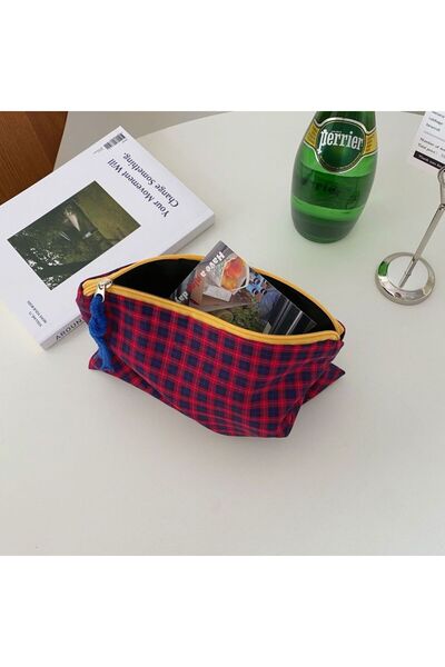 Choice3 Red Large-Capacity Plaid Makeup Bag for Women Ins Style Portable Cosm...