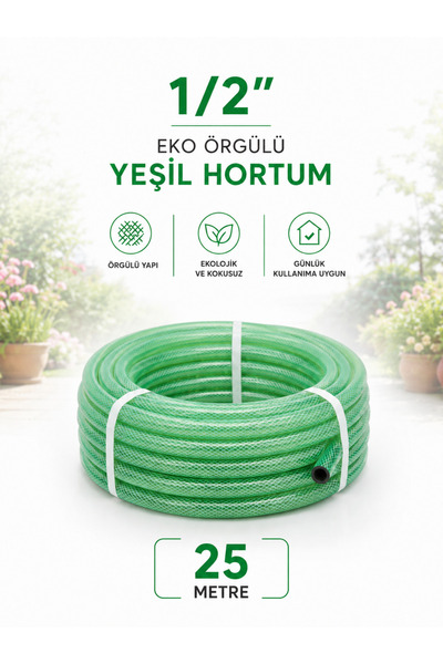BEYLİNİ 1/2 İnç 25 Metre Eko Örgülü Yeşil Bahçe Hortumu Balkon Bahçe Sulama T...