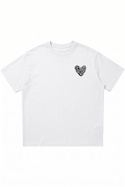 DASH WEAR Black Patterned Heart Printed White Oversize Crew Neck T-Shirt