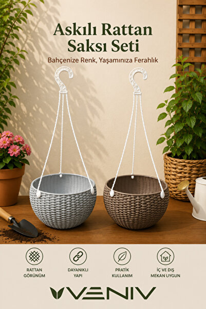VENİV 2’li Alt Tabaklı Askılı Rattan Saksı Seti 2 Litre | Dekoratif ve Şık Ta...