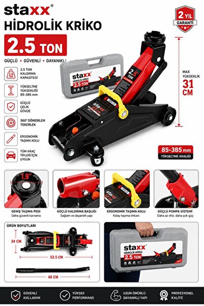 STAXX POWER 2.5 Ton Hidrolik Kriko Arabalı Oto Servis Garaj Krikosu 8-31cm Ta...