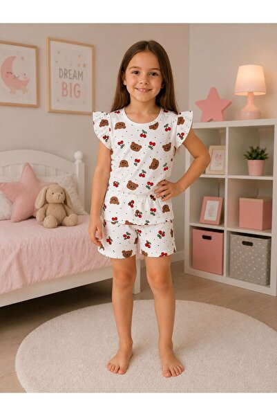 tusem butik homewear Girls' Cotton White Teddy Bear Cherry Pattern Short Slee...