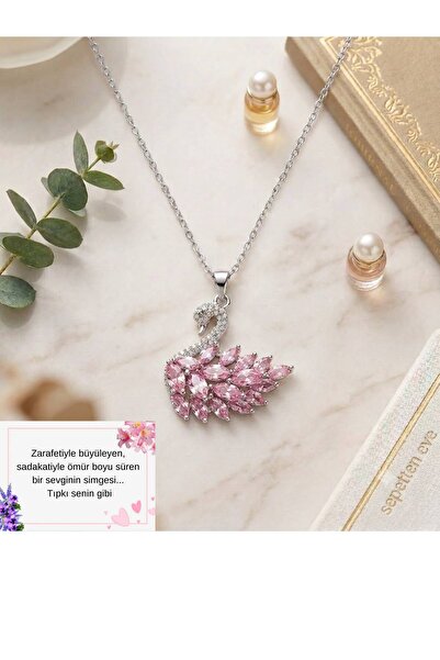 Sepetten Eve Kadın Pembe Kuğulu Pink Swan Taşlı Gümüş Kaplama Kolye Kararmaz ...
