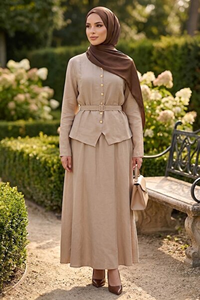 TOFİSA Belt Detailed Tencel Skirt Suit - 28509-Tas
