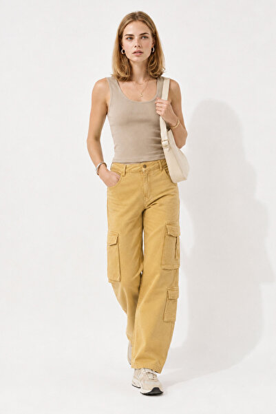 VENA Women's Paula Cargo Pocket Wide Leg Pants 100% Cotton - Honey Foam