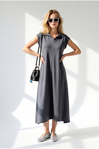 Olalook Women's Smoked Polo Collar Pocketed Modal Buttoned Flowy Dress Elb-19...