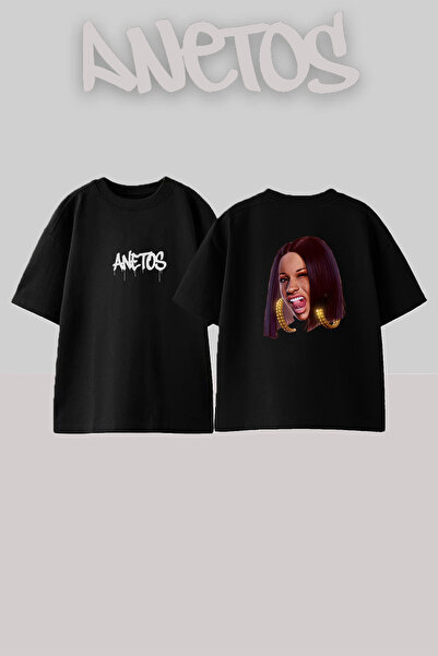 Anetos تي شيرت أسود كبير الحجم مطبوع بتصميم سويتي