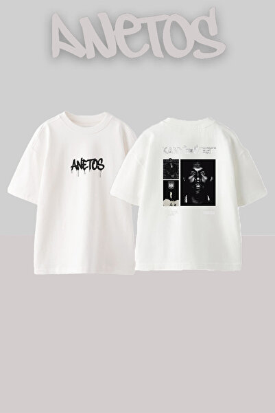 Anetos Kanye West Vultures Design Printed Oversize White T-Shirt