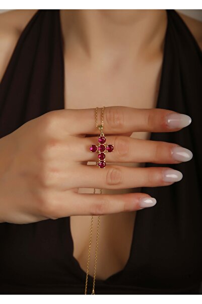 LİNOVE JEWELLERY Gümüş Kırmızı Haç Kolye, 925 Ayar Gümüş Haç Kolye, Ruby Cros...