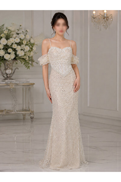 Nobrand Off White Long Evening Dress with Crystal Beading Luxury Design