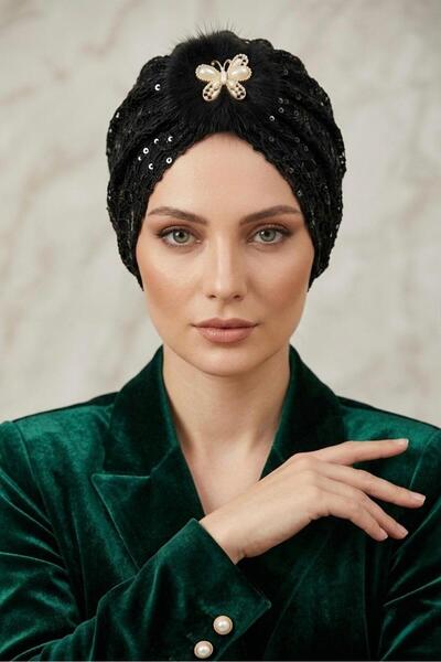 İSTDONATELLA Women's Black Turban with Lace and Feathers, Practical Evening D...