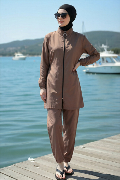 armonika 3-Piece Set Front Zippered, Side Slits, Elastic Back Burkini Hijab S...