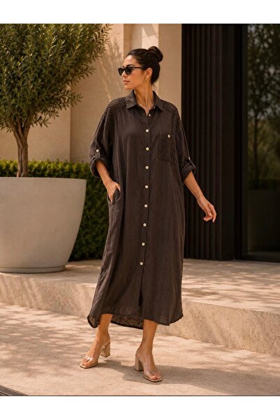 yusracollectionn Women's Italian Linen Mesh Detailed Buttoned Shirt Dress