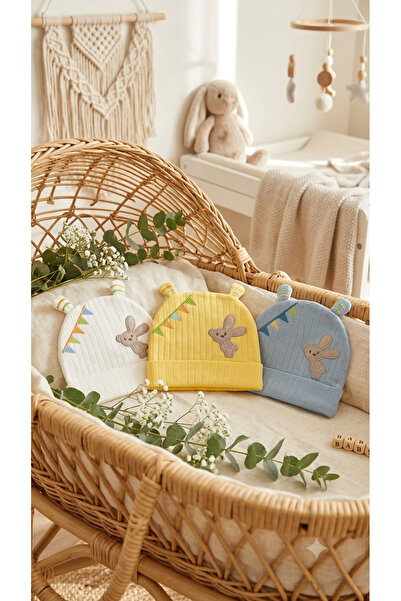 VaVscarfs Set of 3 Baby Hats with Cute Rabbit and Flag Detail, Made from Orga...