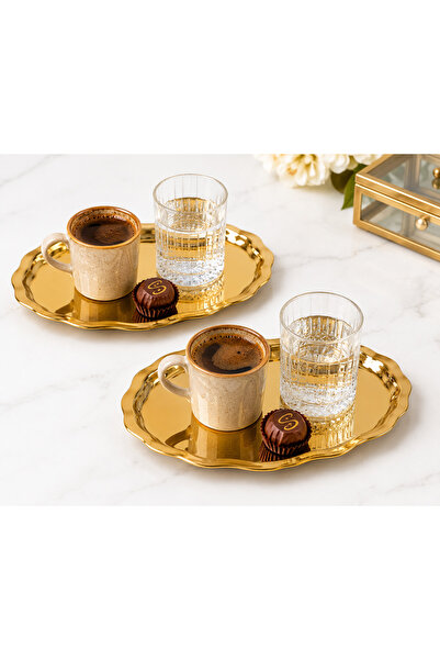 SUNVERA ÇELİK 6'lı Mini Dalgalı Oval Gold Paslanmaz Çelik Kahve Sunum Tepsisi...