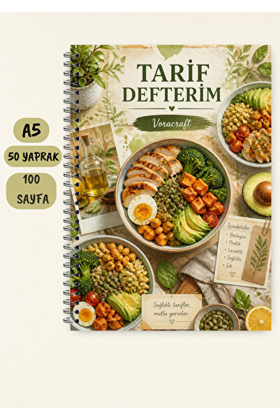 VORACRAFT Yemek Tarif Defteri, 50 Yaprak /100 Sayfa, A5 / Tel Spiral TRF0048