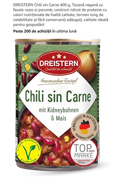 dreistern Tocană vegană cu fasole, roșii și ardei iute, 400 gr