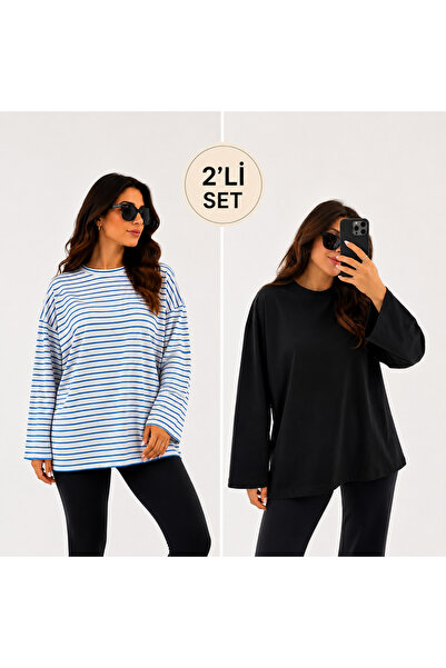 ELİSSE Γυναικείο Σετ 2 τεμαχίων Oversize Basic Μακρυμάνικο T-Shirt Ριγέ Μαύρο...