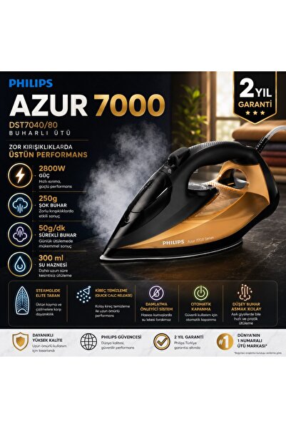 Philips 7000 Serisi Buharlı Ütü, 2800W, 50 g/dk Sürekli Buhar, 250 g Şok Buhar,