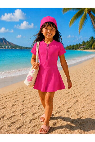 My Kids Wear Girls' Short-Sleeved Zippered Swimsuit Uv Protection Sea and Poo...