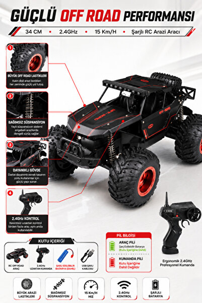 YILDIRIM OYUNCAK Uzaktan Kumandalı Şarjlı 15 Km/H Yapan 4x4 Off Road RC Arazi Aracı 34cm – 2.4GHz Büyük Lastikli Süspansiyonlu Araba 6+ Yaş