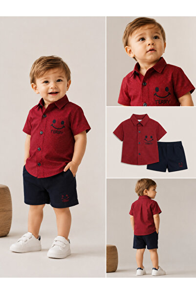 LITTLE&CO Erkek Bebek Çocuk Smile Baskılı Kısa Kollu Gömlek Şort Takımı Yazlı...