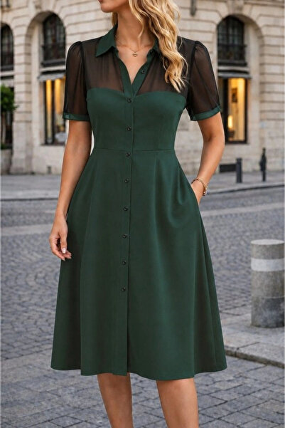Generic Brand Women's Short Sleeve Collared Front Buttoned Midi Imported Crep...