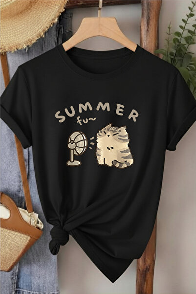 l'eivor تي شيرت نسائي قطني مطبوع عليه Summer Fan Cat