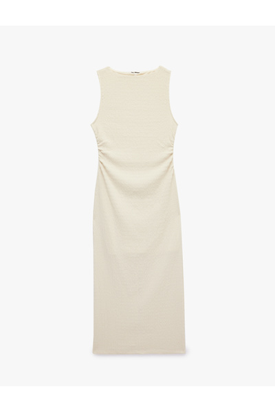 Koton Bürümcük Fabric Slim Fit Sleeveless High Neck Draped Midi Dress