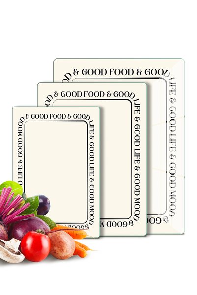 Decovetro 3-Piece Glass Cutting Board and Presentation Tray and Presentation Plate Good Life 20 X 30, 25 X 35 and 30 X 40 cm