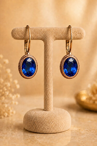 OSMANLI GÜMÜŞ Women's Earrings Copper Sapphire Zircon Natural Stone Oval Mode...
